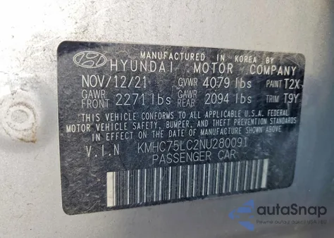 2022 Hyundai Ioniq Se z USA, uszkodzony, nr VIN KMHC75LC2NU280091